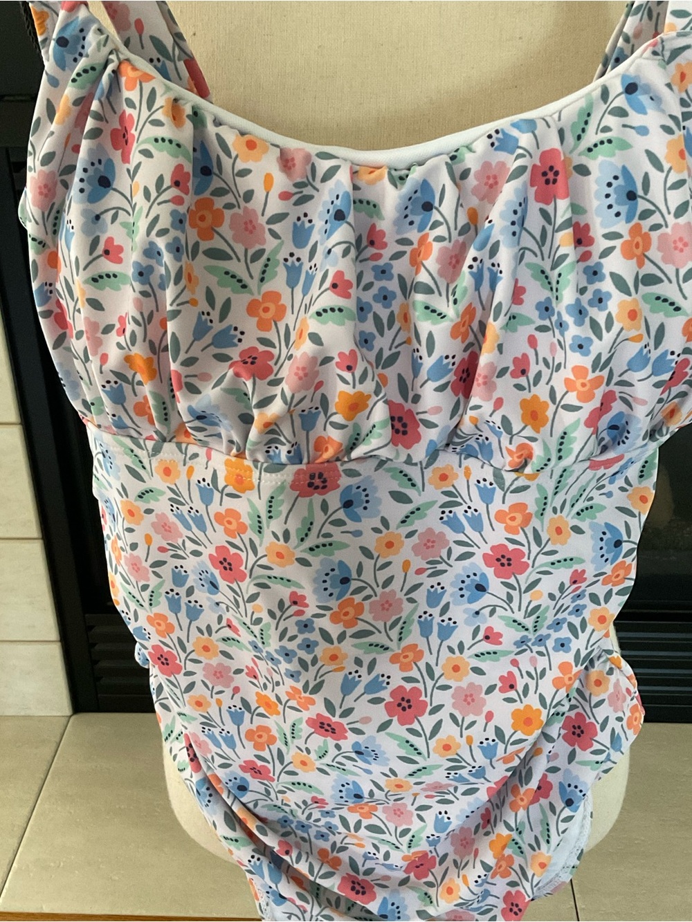 NWOT Floral Print Square Neck Thick Strap Elastic One-Piece Swimsuit, Sz XL - Picture 4 of 10